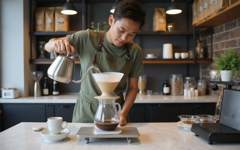 A barista pouring hot water over ground coffee in a glass dripper at a small Kuala Lumpur specialty cafe counter