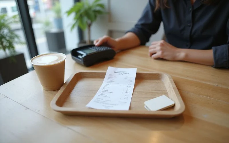 A cafe receipt on a table beside two coffee cups with line items for food, service charge and tax visible in the print
