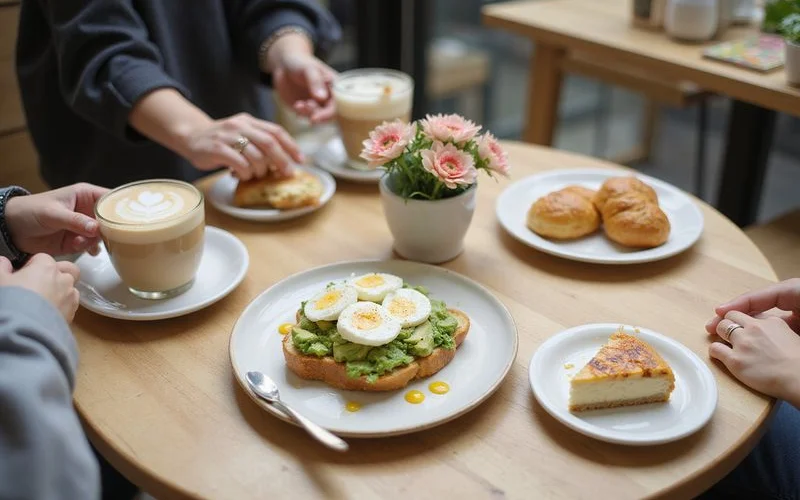 A table of coffee, cake and brunch plates on a wooden counter showing typical spread and portions at a Kuala Lumpur cafe