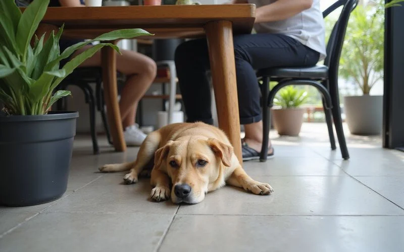 A small dog lying on a mat under a patio table beside its owner and a coffee cup at an outdoor cafe in Kuala Lumpur