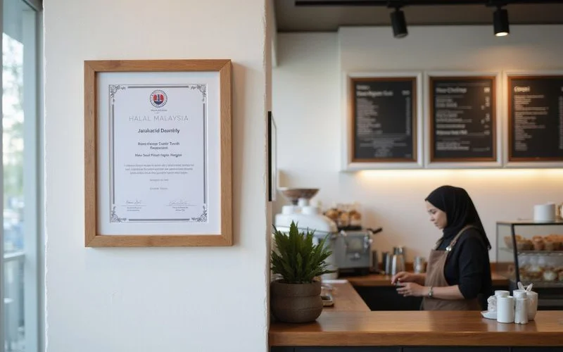 A halal certificate frame on a cafe wall behind the counter next to a menu board with drinks and pastries listed clearly