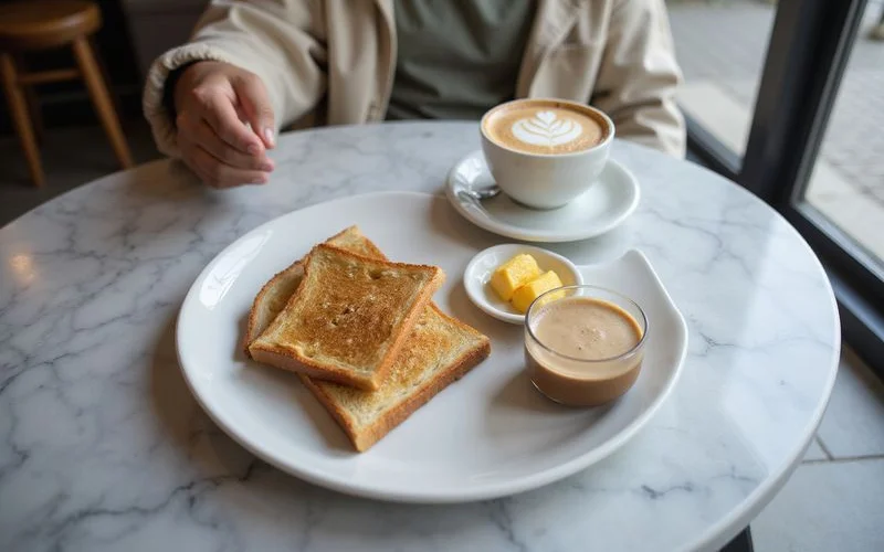 A traditional kopitiam table with a glass of kopi, kaya toast and a soft-boiled egg set beside a modern latte in a ceramic cup
