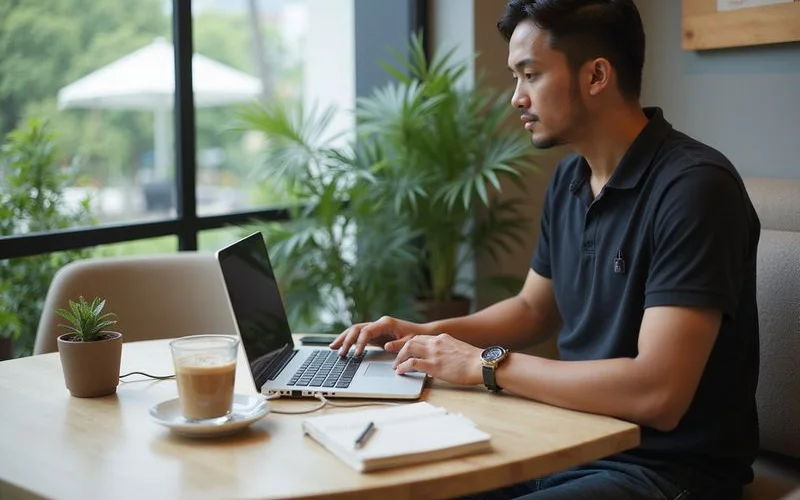 A laptop, notebook and iced coffee on a wooden cafe table beside a wall socket in a quiet corner of a Kuala Lumpur cafe