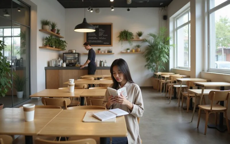 A quiet mid-afternoon scene in a Kuala Lumpur cafe with several empty tables, a barista behind the counter and soft window light