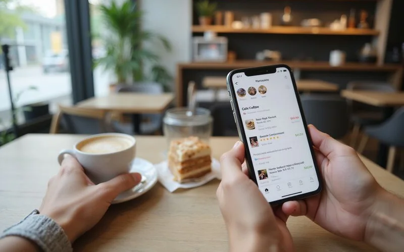 A phone showing a list of cafe reviews with star ratings resting next to a latte on a marble cafe table in Kuala Lumpur