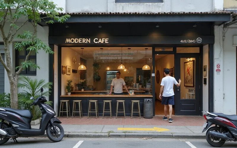 A narrow residential street in Kuala Lumpur with cars parked along one side and a small cafe frontage visible near the corner