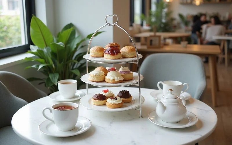 A three-tier stand with finger sandwiches, scones and small cakes beside a teapot and two cups on a cafe table in Kuala Lumpur
