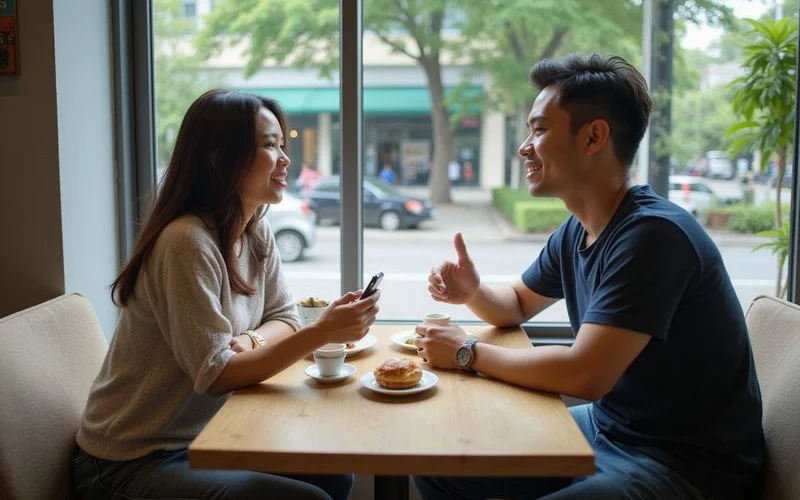 A couple sharing a slice of cake and two drinks at a window table in a bright Kuala Lumpur cafe during a weekday afternoon